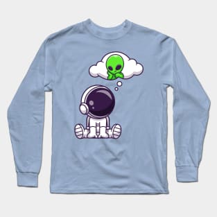 Cute Astronaut Thinking Of Alien Cartoon Long Sleeve T-Shirt